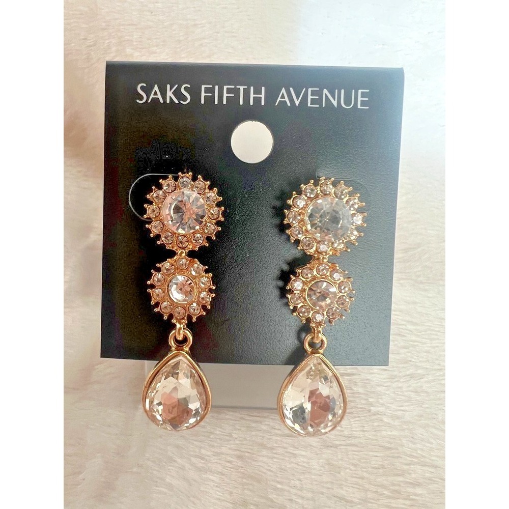 Saks Fifth Avenue Crystal Drop Earrings Gold Rhinestone Dangle Bridal Bright